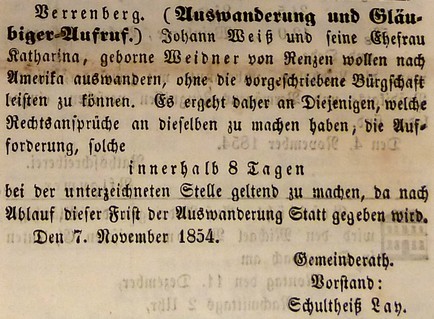 Auswanderung Johann Weiß Verrenberg 1854